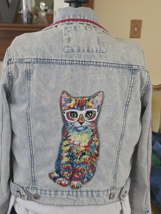 Hand Crafted Jackets & Blazers - HAND CRAFTED Jacket UPCYCLED Blue Denim Embroidered Cat Glasses Tee Size Small